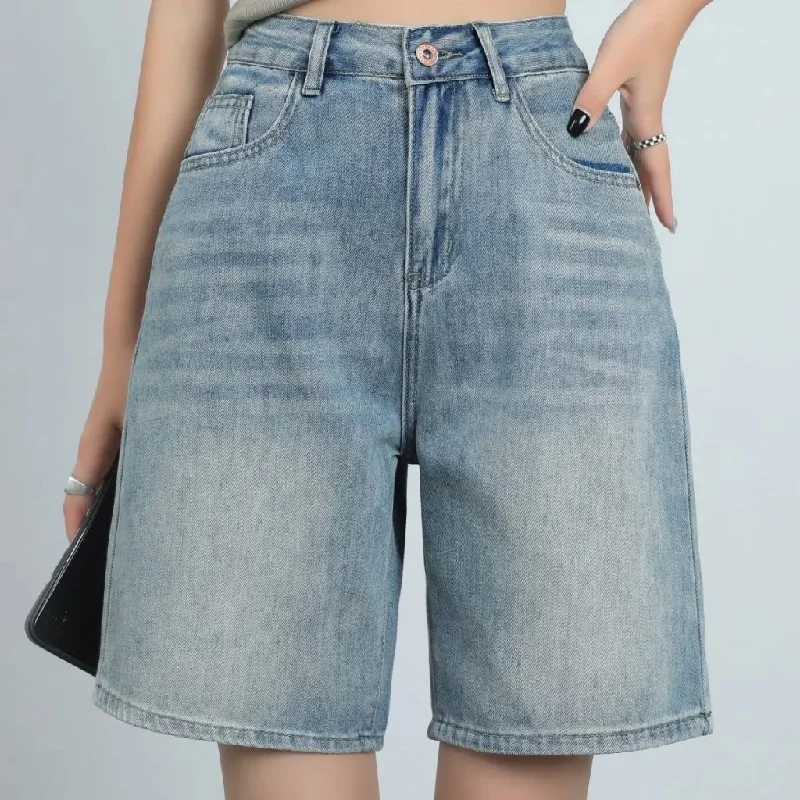 Dive Into Trendy Styles High Waist Knee Length Denim Shorts for Women