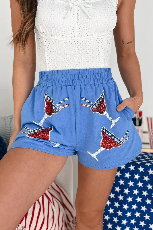 Women's Holiday Apparel Boozy Fourth Sequin Cocktail Shorts (Blue)