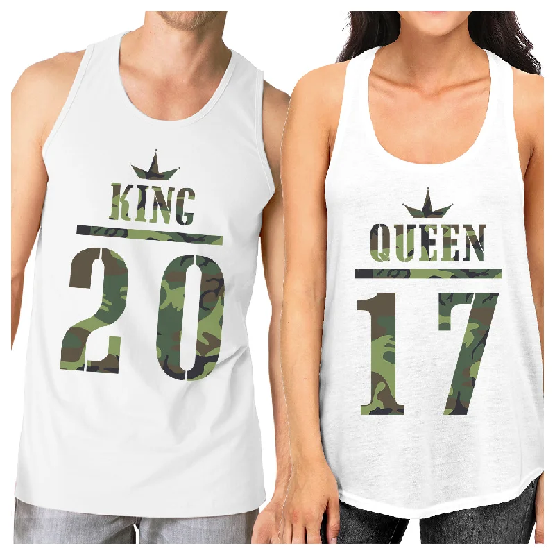 Women's Casual Attire King And Queen Military Pattern Custom Matching Couple White Tank Tops