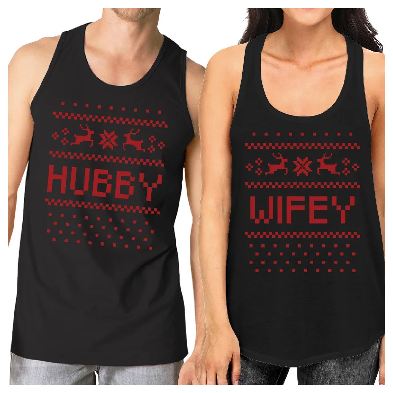 Fashion Forward Femininity Pixel Nordic Hubby And Wifey Matching Couple Black Tank Tops