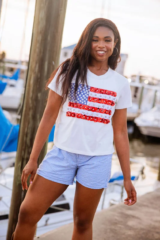 Comfortable Outfit For Women White Flower American Flag Tee