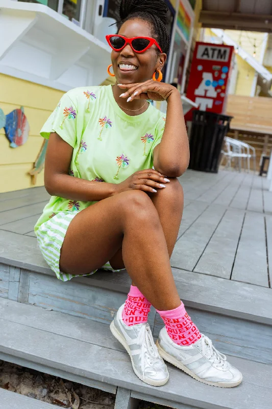 Women's Everyday Attire Lime Green Beaded Mini Palm Tree Tee