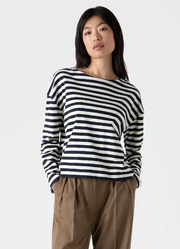 Women's High-Fashion Attire Women's Long Sleeve Boatneck T-shirt in Navy/Ecru Block Stripe