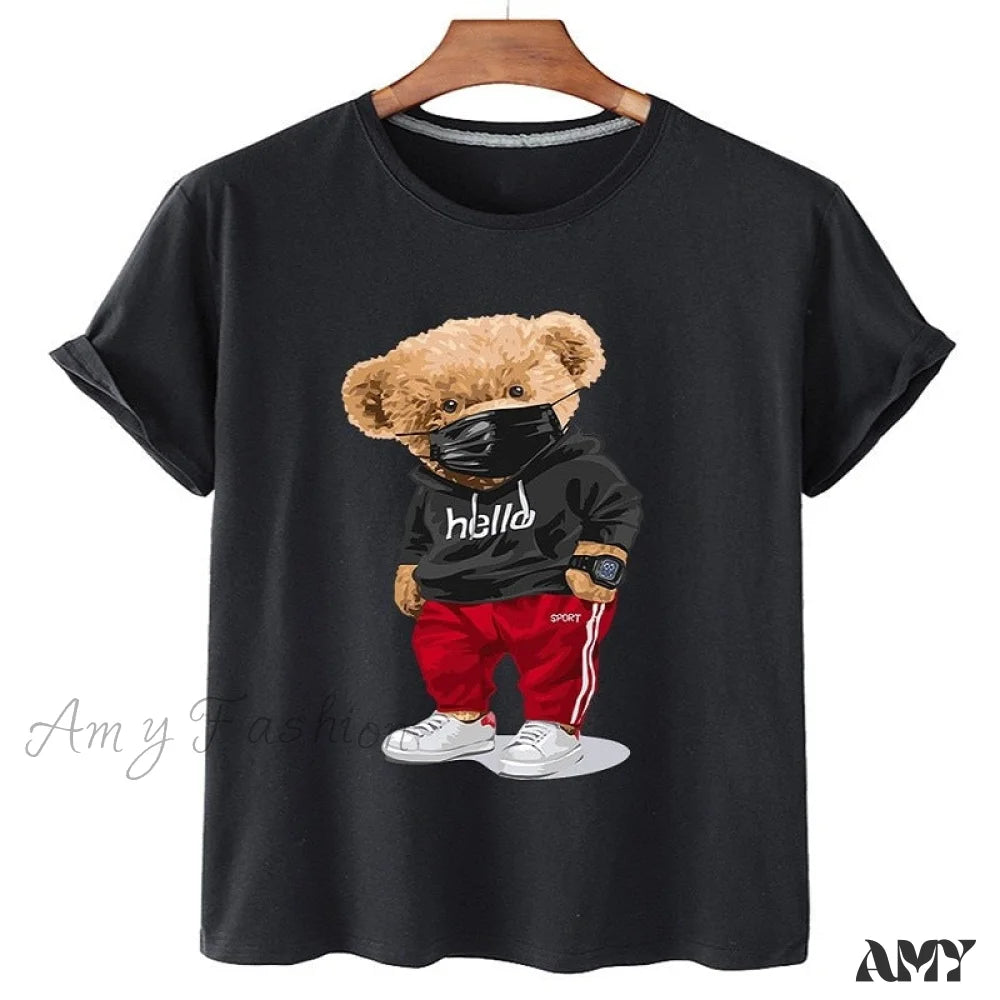 Seasonal Picks Amy Fashion - 100% Cotton Mask Bear Print Short-sleeved T-shirt