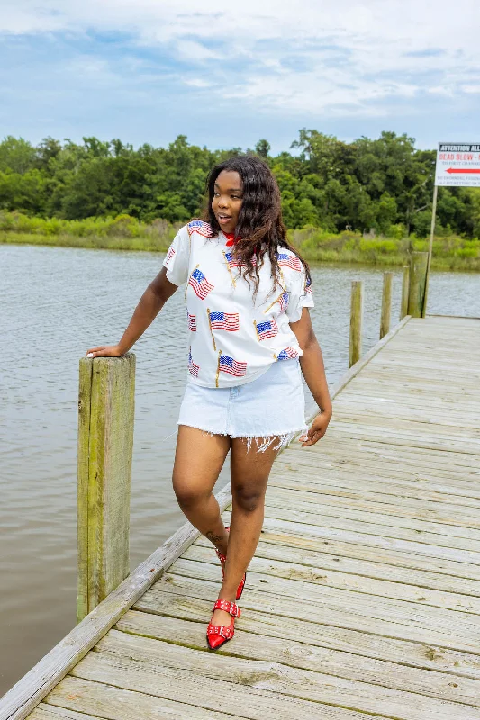 Timeless Women's Outfit White Scattered Metallic American Flag Tee