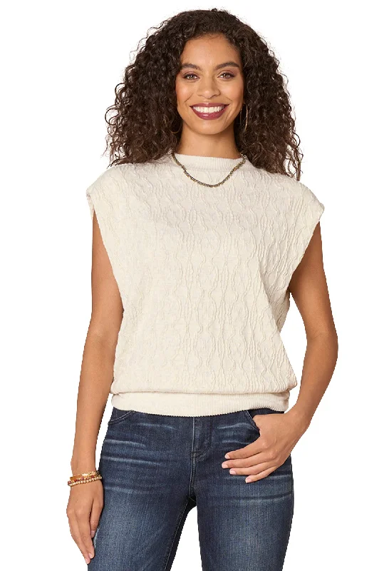 Women's Casual Outfit Extended Cap Sleeve Mock Neck Ruched Side Banded Hem Knit Top