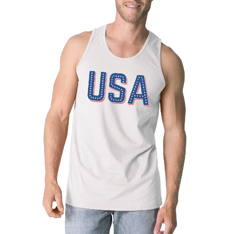 Relaxed Style Deals USA With Stars Mens White Graphic Tank Top Cute 4th Of July Tanks