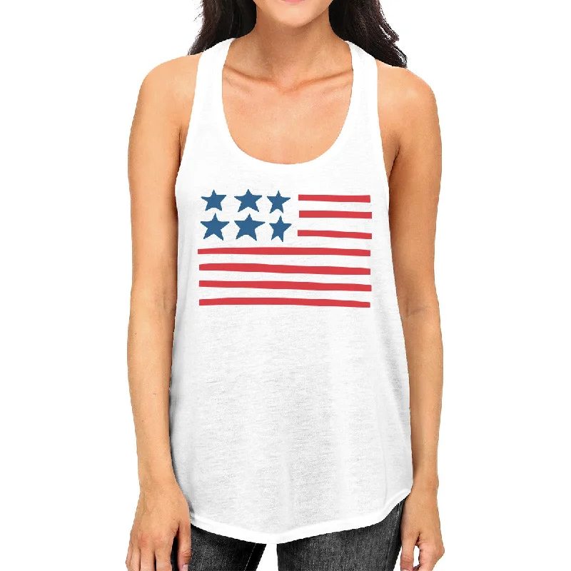 On-Trend Fashion Offers USA Flag Women White Graphic Sleeveless Tee For Independence Day