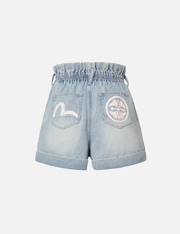 Women's Clothes For The Office Seagull and Kamon Print Paper Bag Denim Shorts