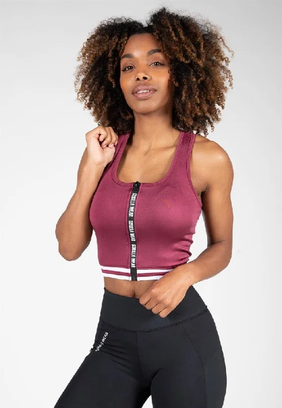 New Season Fashion Preview Sale Gorilla Wear Mesa Zip Front Crop Top - Burgundy Red