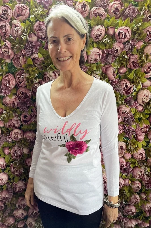 Special Offers, Don't Miss Basic Tee Long Sleeve Wildly Grateful - White - Pink Flower