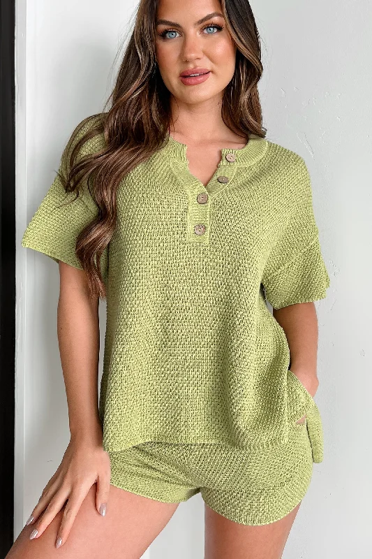 Chic Trends Unveiled Happily Lazy Waffle Knit Lounge Set (Green Apple)