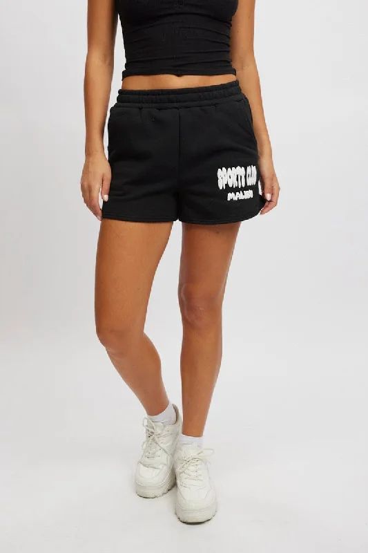 Women's Clothing For Casual Outings Black Track Shorts High Rise Elastic Waist