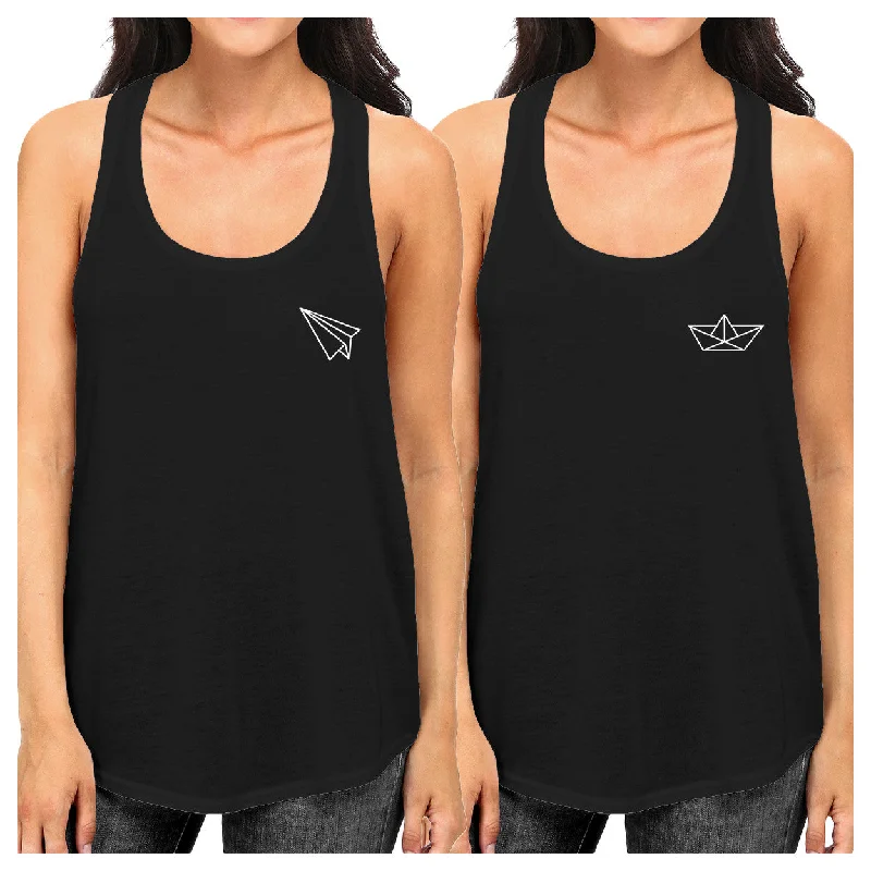 Flash Sale Fever Origami Plane And Boat BFF Matching Black Tank Tops