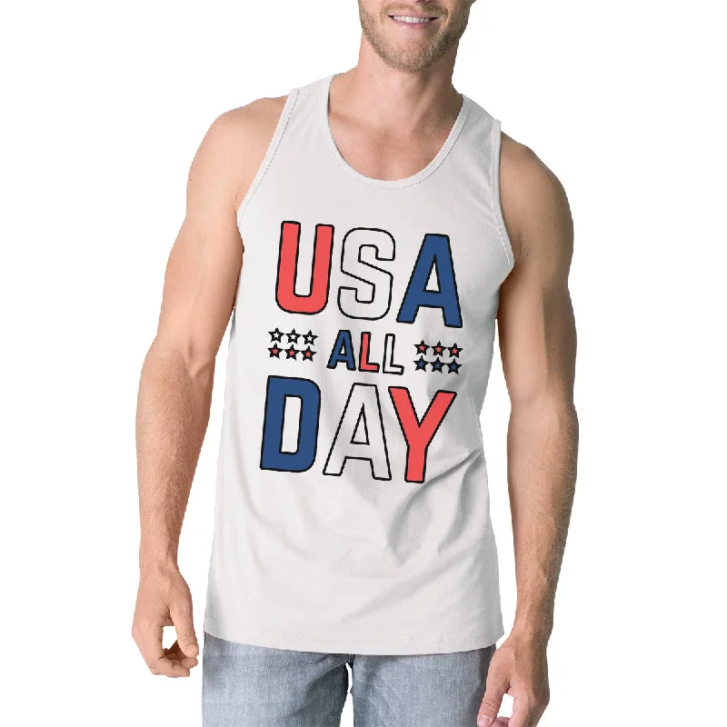 Fashionable Women's Clothing USA All Day Mens White Cotton Tank Top Cute 4th Of July Design Tank