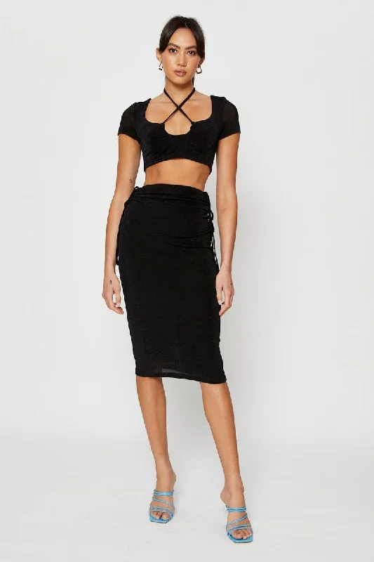 Women's Professional Outfit Black Midi Skirt Ruched