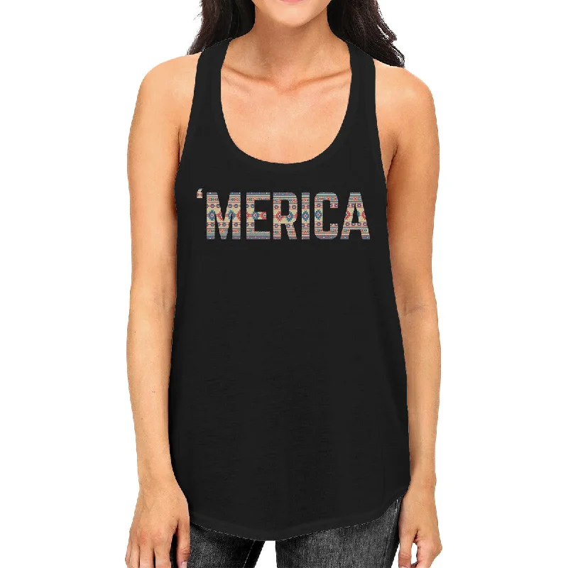 Timeless Style Promotions 'Merica Women Black Sleeveless Tee America Tribal Pattern Lettering