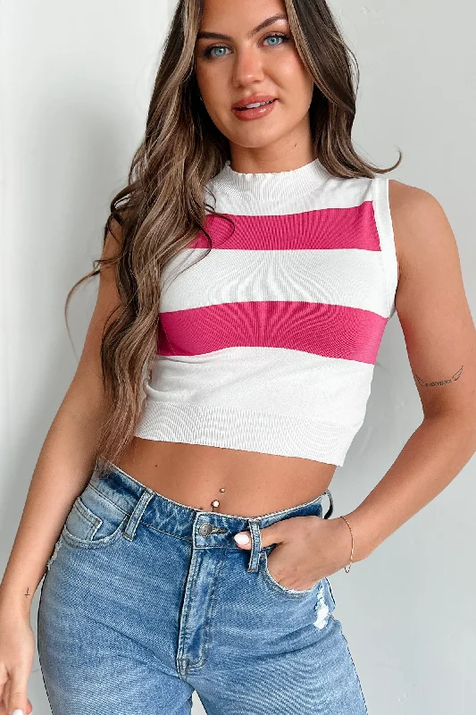 Women's Travel Garments I Always Know Striped Sleeveless Crop Top (Ivory/Fuchsia)