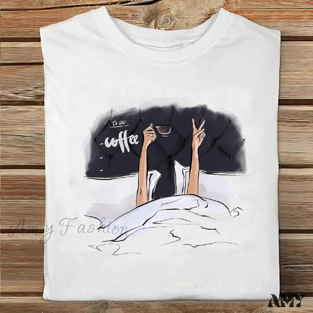 Women's Night-Out Outfit Amy Fashion - Coffee Love Cartoon Printing Clothes Tshirt