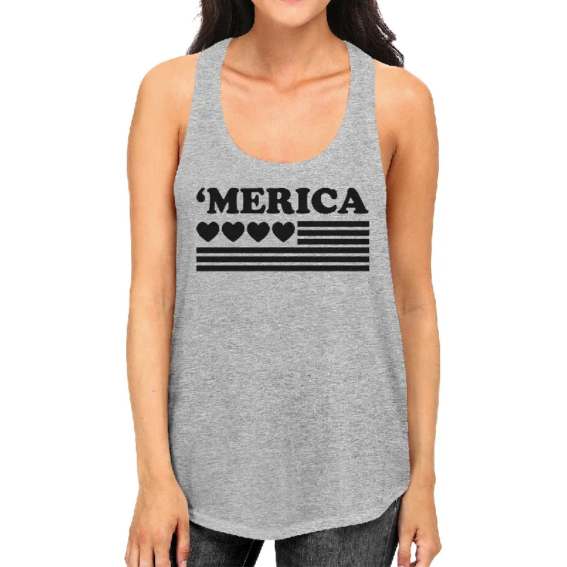 Casual Chic Clothing For Women 'Merica Womens Black Heart American Flag Design Grey Racerback Tank