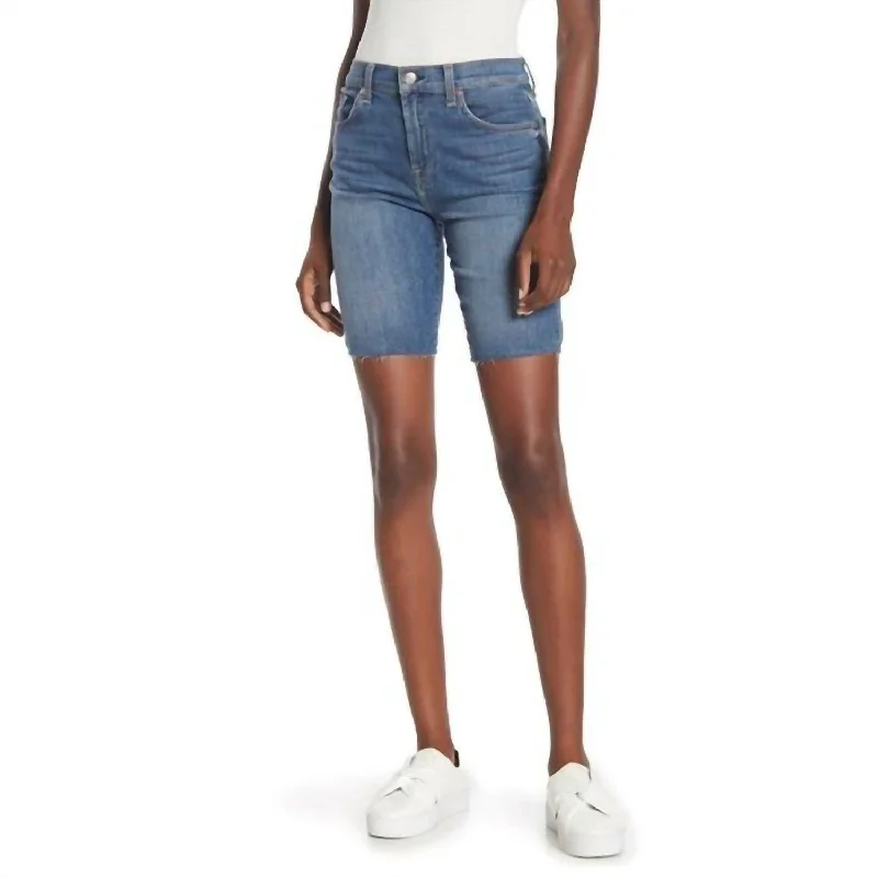 Urban Elegance Deals High Rise Raw Hem Bermuda Denim Short In Blue