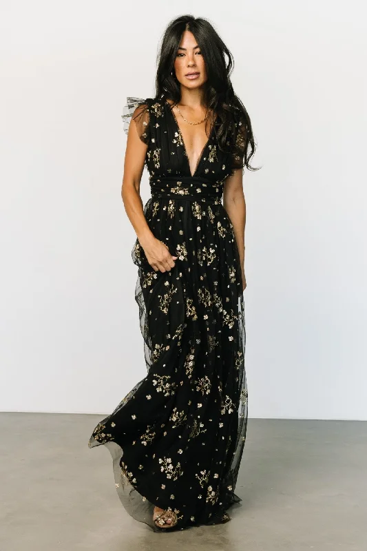 Insane Discount Onslaught Natalia Floral Embellished Maxi Dress | Black + Gold