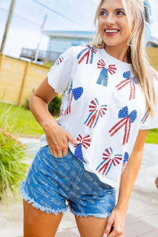 Women's Office Attire White, Red, White & Blue Scattered Bow Tee