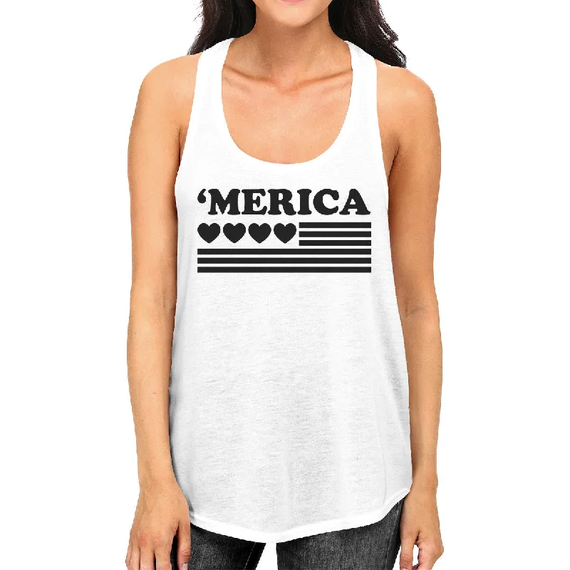 Women's Clothing For Outdoor Events 'Merica Womens White Graphic Tank Top Gifts For Independence Day