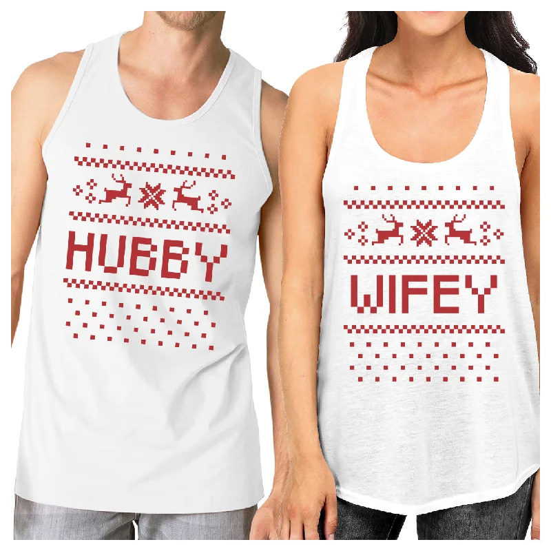 Break Fashion Norms Pixel Nordic Hubby And Wifey Matching Couple White Tank Tops