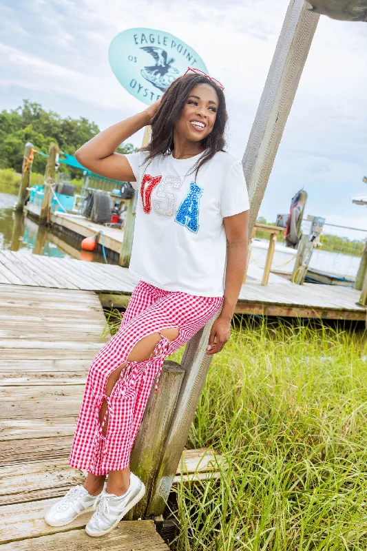 Women's Office Outfit White Rhinestone 'USA' Tee