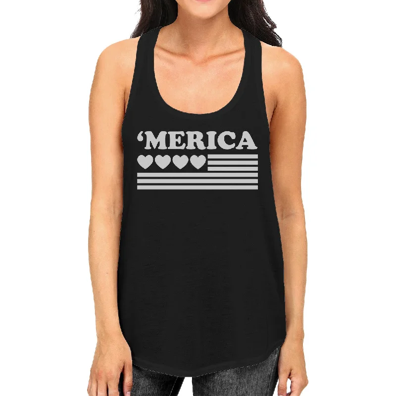 Women's High-End Clothing 'Merica Women Black Cotton Tank Top Unique American Flag With Heart