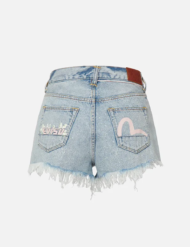 Women's Apparel Seagull and Slogan Print Denim Shorts