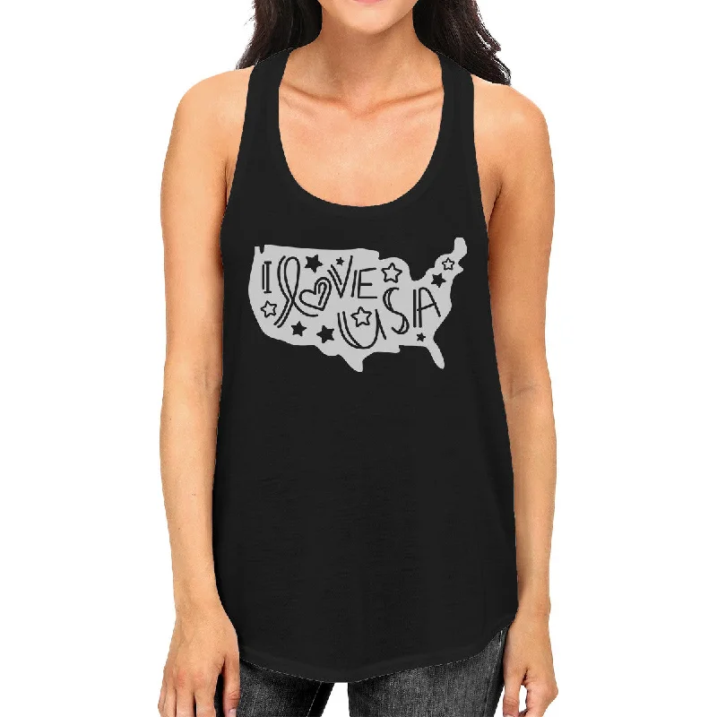 Women's Seasonal Wardrobe Clothing I Love USA Map Womens Black Tank Top Cute Letter Printing Design