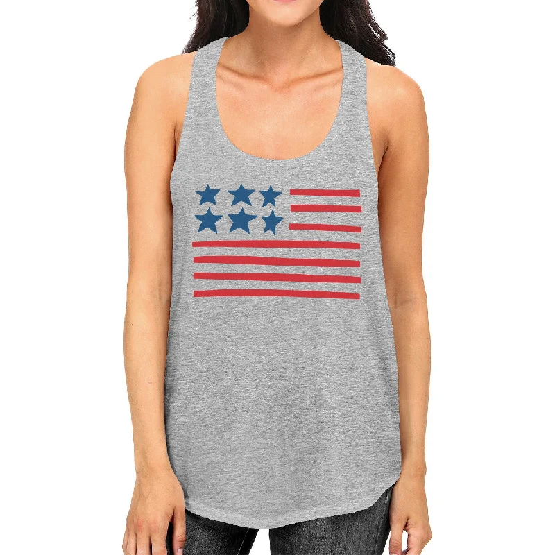 Elevated Casual Discounts USA Flag Womens Gray Racerback Tanks Cute Independence Day Design